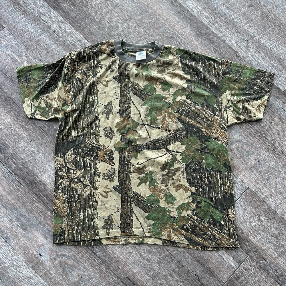 VTG 90s Camo Shirt XL Single Stitch USA Made Hunting Tee‎ Shirt Woodland